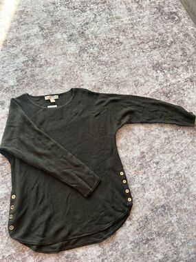 Michael Kors Olive Scoop-Neck Long Sleeve Top with Gold Buttons